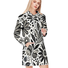 Black Floral Shapes Women Long Sleeve Casual Hoodie Sweatshirt Dress