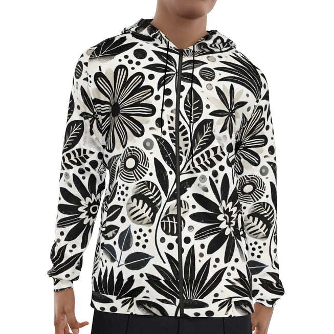 Black Floral Shapes Men's Zip Up Hoodie