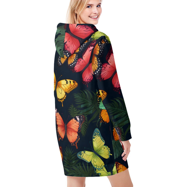 Tropical Butterfly Women Long Sleeve Casual Hoodie Sweatshirt Dress