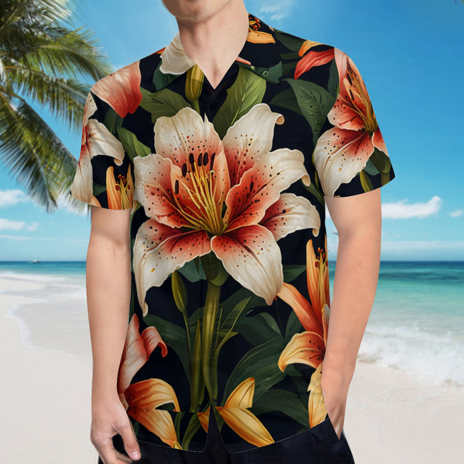 Lily Flower Pattern Men's Casual Short-Sleeved Shirt