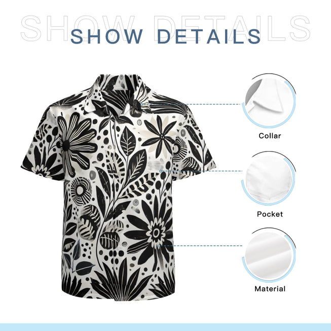 Black Floral Shapes Men's Casual Short-Sleeved Shirt