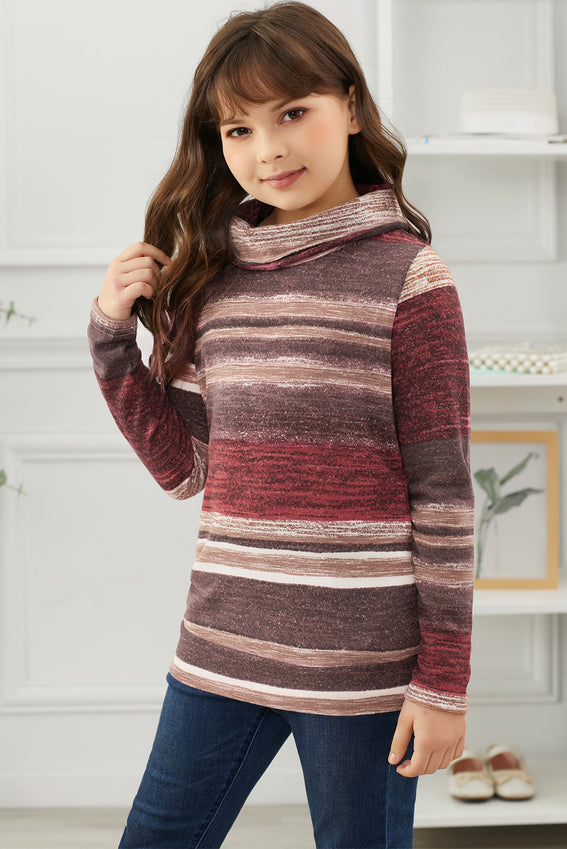 Girls Striped Cowl Neck Top with Pockets