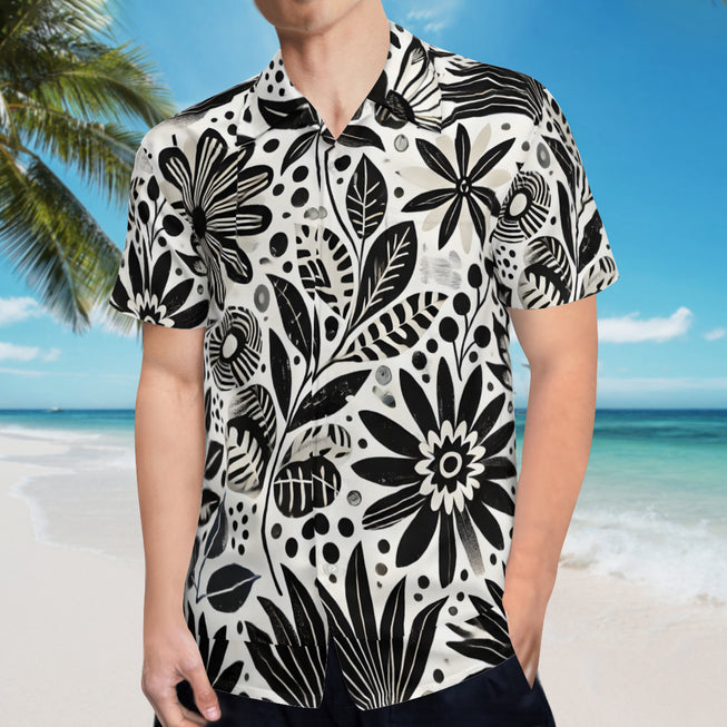 Black Floral Shapes Men's Casual Short-Sleeved Shirt