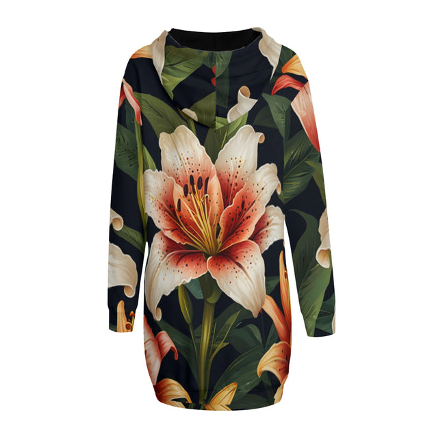 Lily Flower Pattern Women Long Sleeve Casual Hoodie Sweatshirt Dress