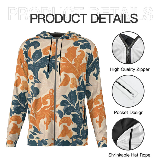 Orange Floral Men's Zip Up Hoodie