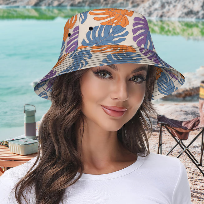 Bold Tropical Leaf Pattern Double Sided Unisex Polyester Bucket Hat