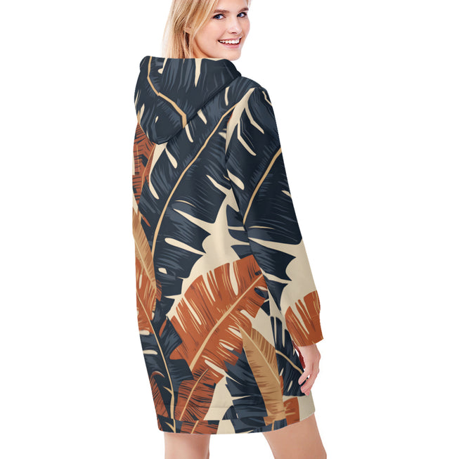 Tropical Leaves Pattern Women Long Sleeve Casual Hoodie Sweatshirt Dress