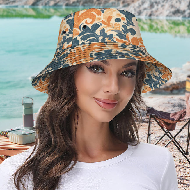 Orange Floral Double-Sided Polyester Unisex Bucket Hat