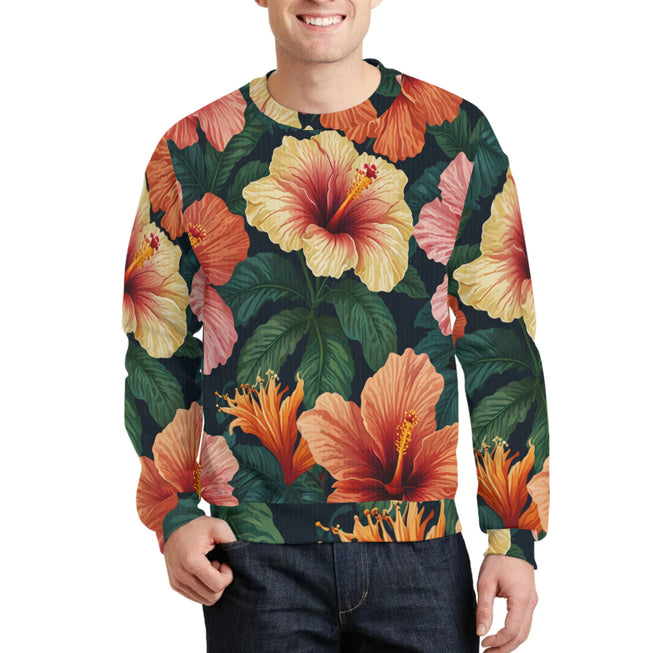 Hibiscus Tropical Pattern Crew Neck Sweater