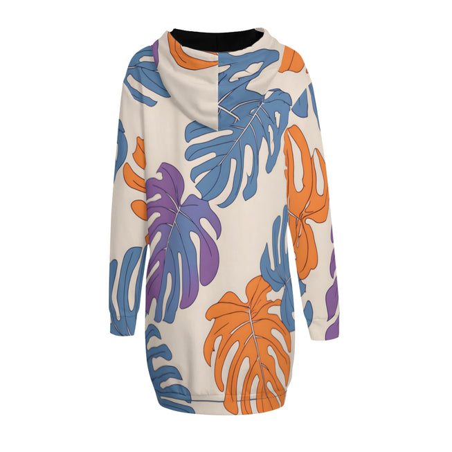 Bold Tropical Leaf Pattern Women Long Sleeve Casual Hoodie Sweatshirt Dress