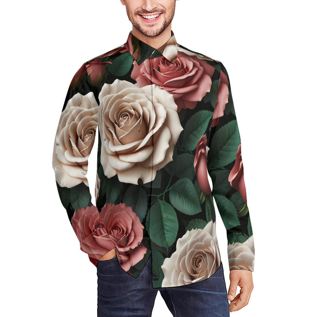 Rose Pattern Men's Classic Long-Sleeved Shirt