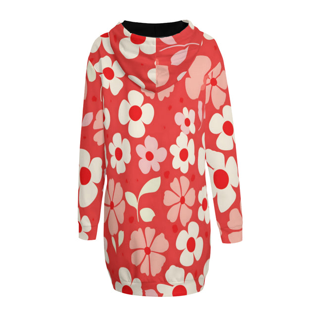 Red Floral Women Long Sleeve Casual Hoodie Sweatshirt Dress