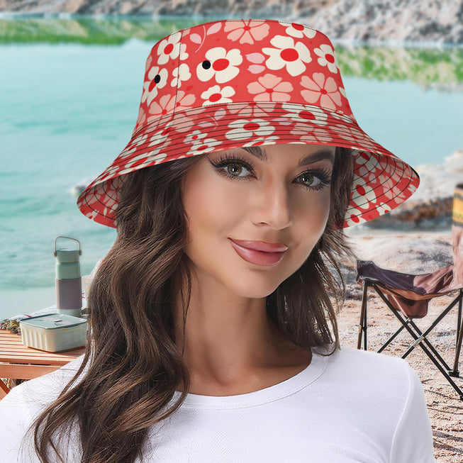 Red Floral Double-Sided Unisex Polyester Bucket Hat