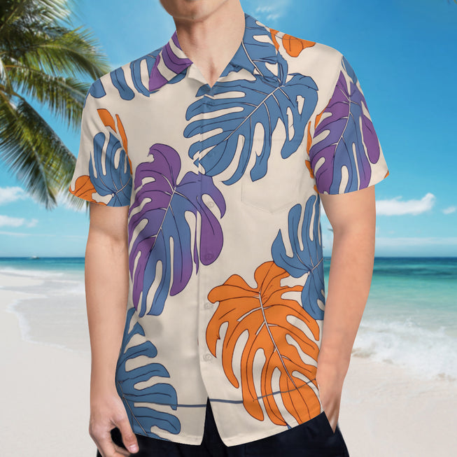 Bold Tropical Leaf Pattern Men's Casual Short-Sleeved Shirt