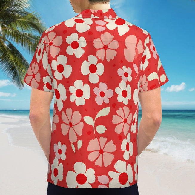 Red Floral Man's Casual Short-Sleeved Shirt.