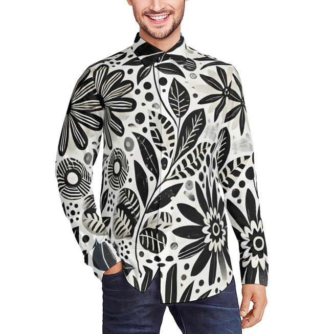 Black Floral Shapes Men's Classic Long-Sleeved Shirt