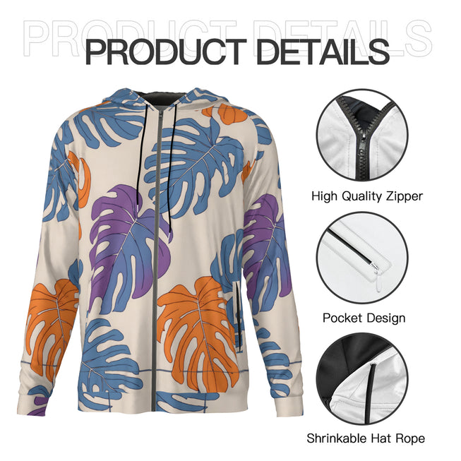 Bold Tropical Leaf Pattern Adult Zip Up Hoodie