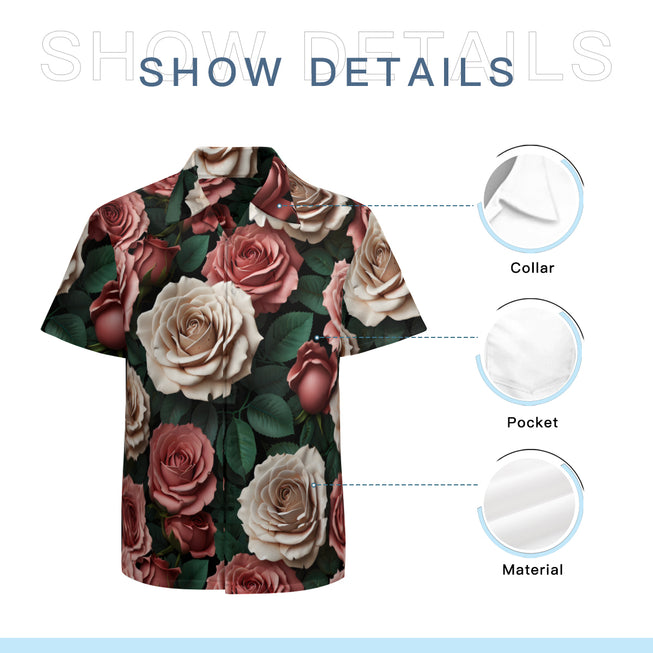 Rose Pattern Men's Casual Short-Sleeved Shirt