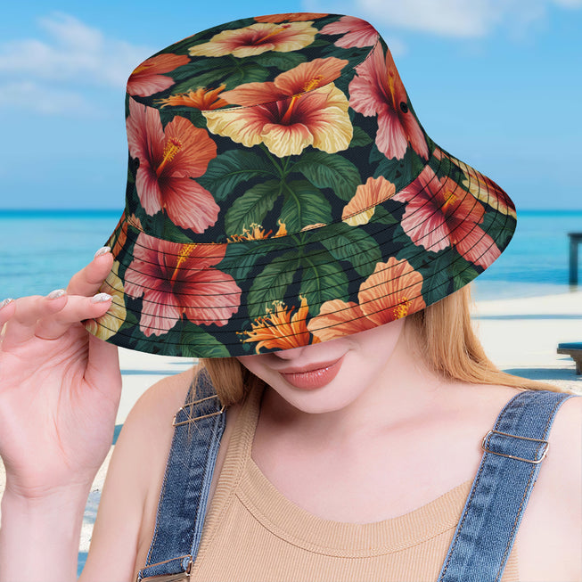 Hibiscus Tropical Pattern Double-Sided Unisex Polyester Bucket Hat