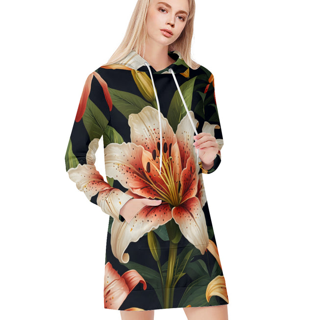 Lily Flower Pattern Women Long Sleeve Casual Hoodie Sweatshirt Dress