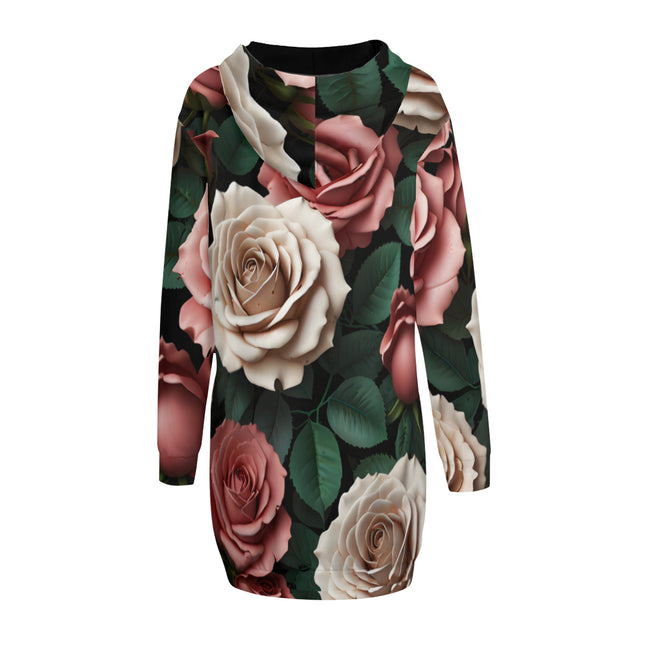 Rose Pattern Women Long Sleeve Casual Hoodie Sweatshirt Dress