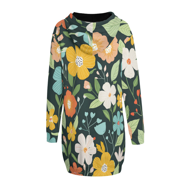 Floral Seamless Pattern Women Long Sleeve Casual Hoodie Sweatshirt Dress
