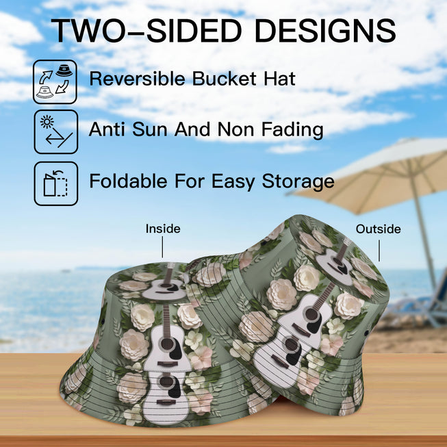 Floral Guitar Double-Sided Unisex Polyester Bucket Hat