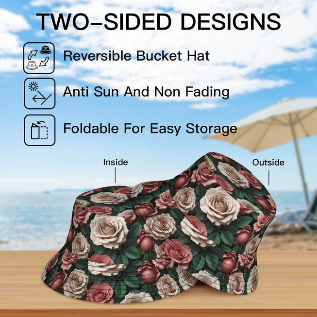 Rose Pattern Double-Sided Unisex Polyester Bucket Hat