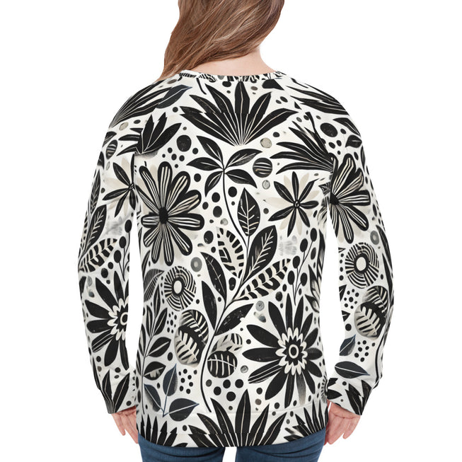 Black Floral Shapes Women's Raglan Long Sleeved Sweatsirt