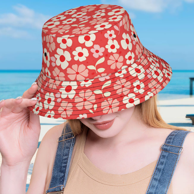 Red Floral Double-Sided Unisex Polyester Bucket Hat