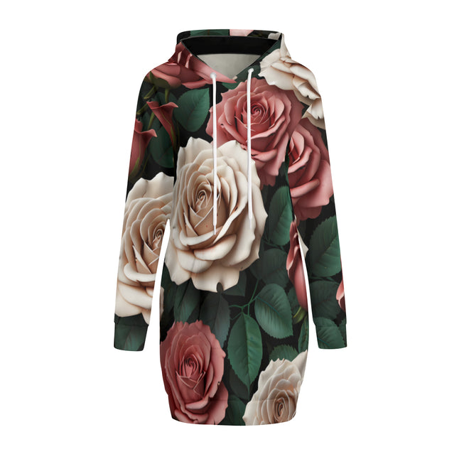 Rose Pattern Women Long Sleeve Casual Hoodie Sweatshirt Dress