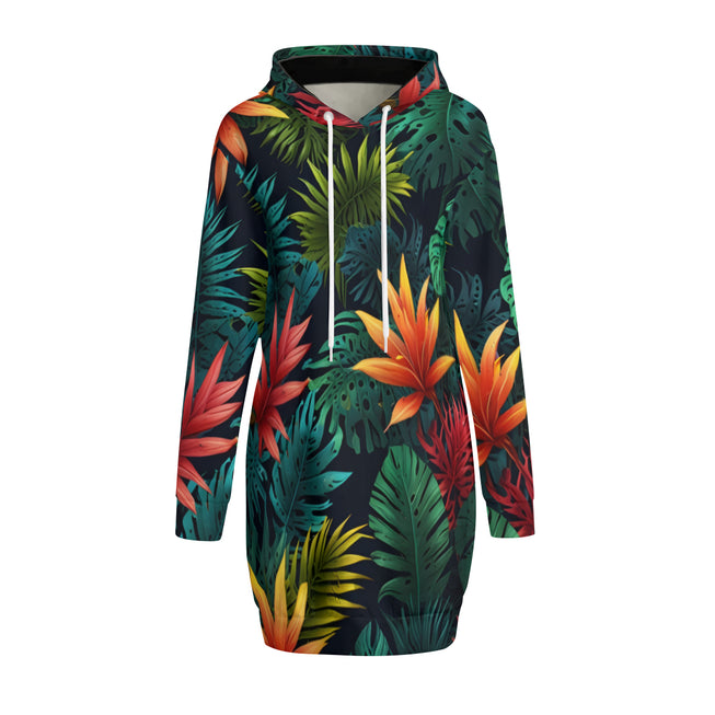 Tropical Pattern Women Long Sleeve Casual Hoodie Sweatshirt Dress