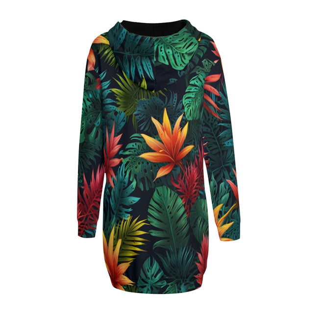 Tropical Pattern Women Long Sleeve Casual Hoodie Sweatshirt Dress