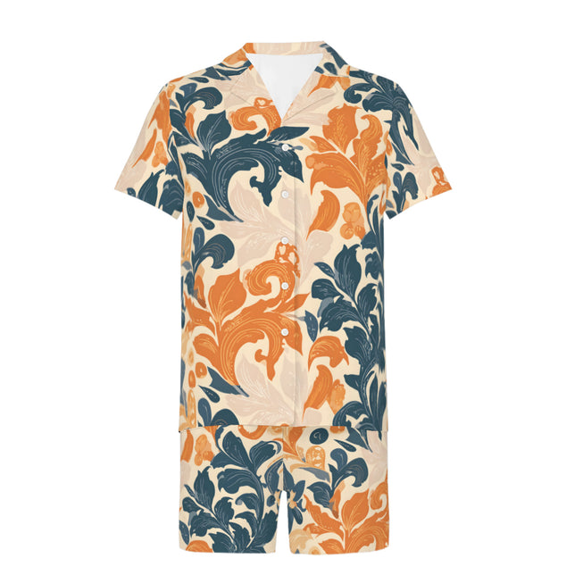 Orange Floral Men's Shirt And Short Set