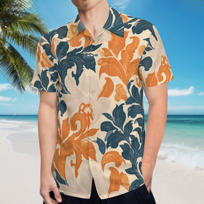 Orange Floral Men's Casual Short-Sleeved Shirt