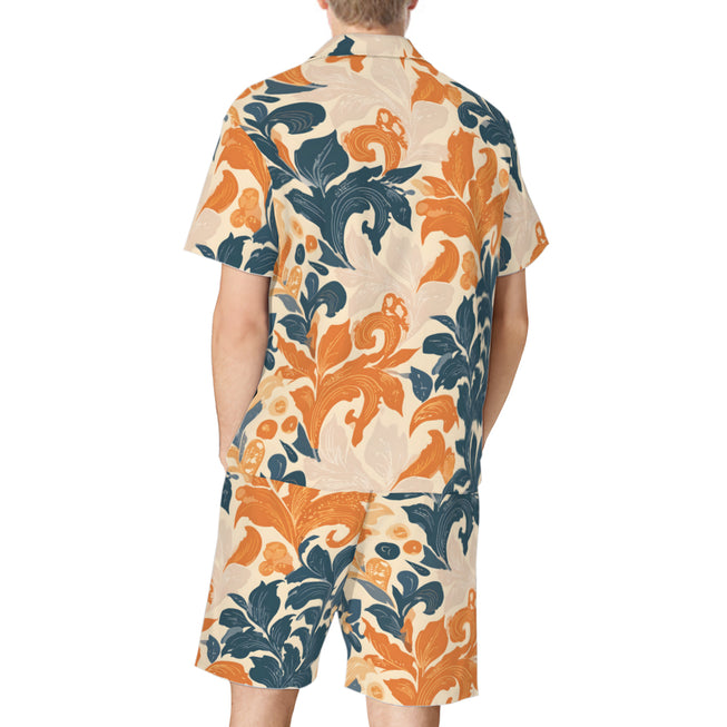 Orange Floral Men's Shirt And Short Set