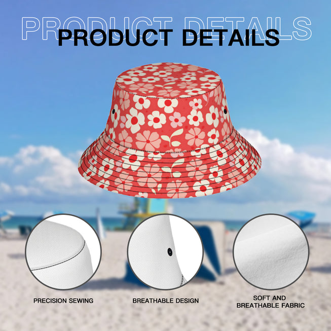 Red Floral Double-Sided Unisex Polyester Bucket Hat