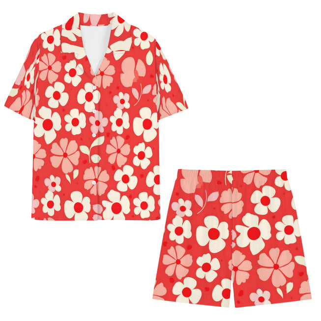 Red Floral Men's Shirt And Short Set