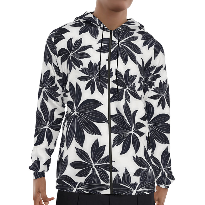 Black Floral Shapes Men's Zip Up Hoodie