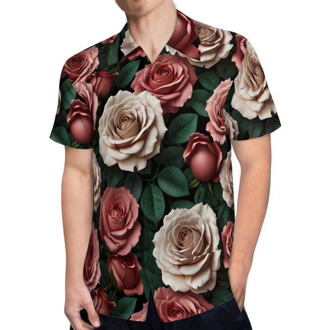 Rose Pattern Men's Casual Short-Sleeved Shirt