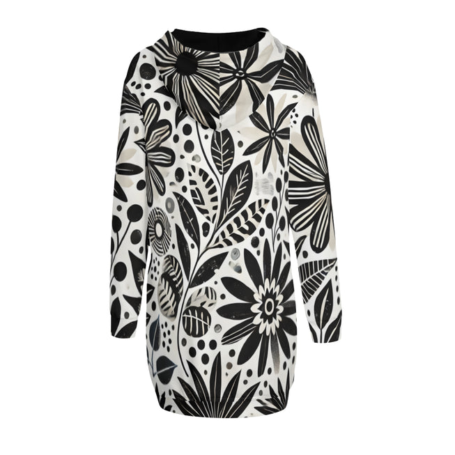 Black Floral Shapes Women Long Sleeve Casual Hoodie Sweatshirt Dress